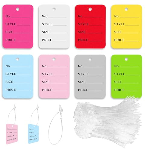 900 Stück Preis Etiketten und Hang Tag String, 8 Farben Preisschilder | mit Aufhängeschild-Schnüren, 400 Hängeetiketten und 500 Nylon String für Kleidung Schmuck Display