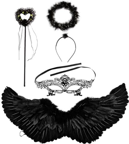 GWAWG Alas de Ángel Negro y Halo, Varita de Hada, Máscara de Ojos de Encaje Sexy, Disfraz de Ángel Caído de Halloween, Adulto Adolescente Alas de Ángel para Halloween Navidad Fiesta de Cumpleaños
