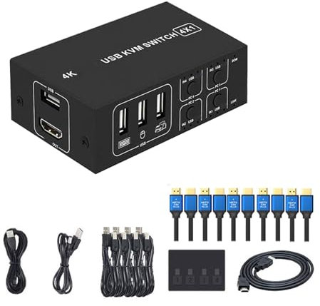 NIHENHAO USB Kilo - Conmutador de máquina virtual 4 en 1 salida 4K a 60 Hz para 4 monitores compartidos de PC, teclados de ratón, Pri