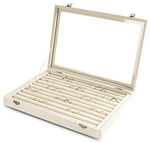 Frebeauty Vassoio organizer per anelli/orecchini, con coperchio trasparente, 10 scomparti, in velluto, con coperchio in vetro, vetrina per gioielli, regalo per ragazze e donne (beige, 10 scomparti)