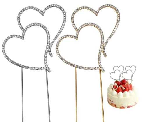 2 piezas de decoración para tartas de boda, decoración de tarta de boda, doble corazón, aleación de estrás, decoración de boda, decoración para tartas de boda, bodas plateadas (plata, dorado)
