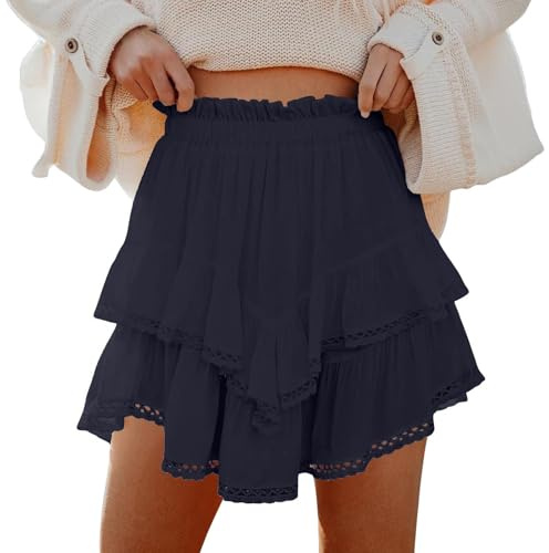 Mini jupe à volants pour femme – Jupe bohème pour femme – Jupe extensible pour la plage et les vacances – Jupe d'été longue à volants – Jupe courte plissée, bleu marine, L