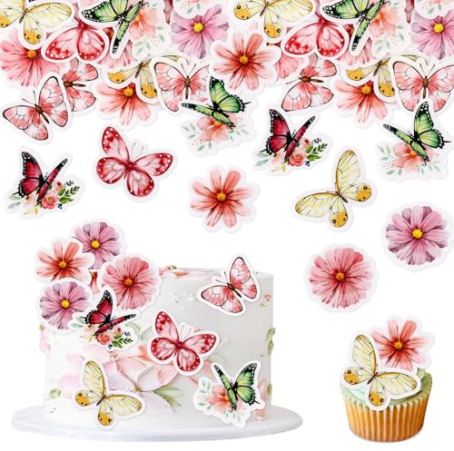 Blumomon 48Pcs Pre-Cut Edible Butterfly Cupcake Toppers Edible Flowers Cake Topper Edible Flowers Cupcake Decoration Picks Wedding Baby Shower Party Wedding Anniversary Birthday Party Cake Decoration