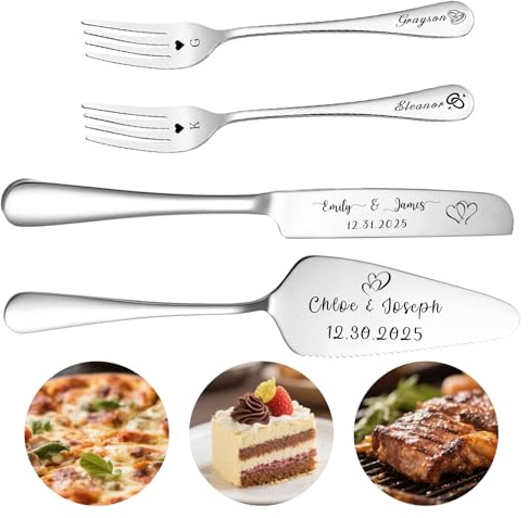 QSZ Personalised Wedding Cake Cutter Set Engraved Cake Knife with Names Icon Text for Weddings Birthday Anniversaries (Wedding Cake Knife)