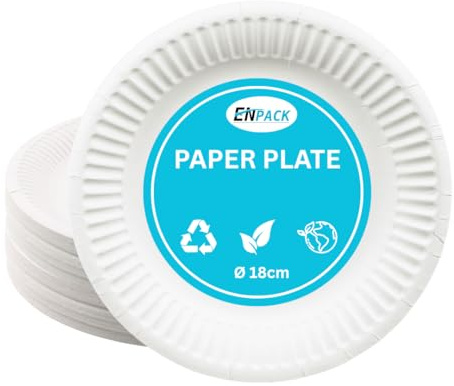 Enpack Einweg Teller aus Papier 18cm - Einwegteller in weiß - Pappteller Geburtstag - Einweggeschirr umweltfreundlich & nachhaltig - Einmal Teller für Partys - bio plates (300)