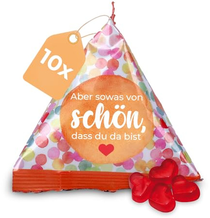 Fruchtgummi Herzen 10er Pack Süßigkeiten Aber sowas von schön 10x15g | leckere Herzgummibärchen-Tetraeder, mit 10% Fruchtsaft, perfektes Dankeschön, Give-away, Gastgeschenk oder Mitgebsel