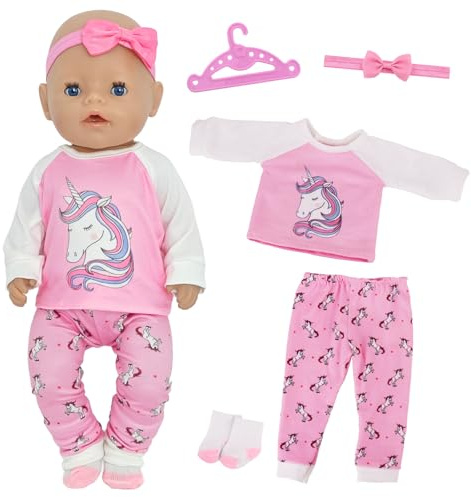 5 Stück Puppenkleidung Outfits für 14-18 Zoll Baby Puppen, Puppenkleidung für 35-43cm Oberteil mit Tierprint Rosa Hose Haarband Kleiderbügel Socken Puppenkleidungsset für Kinder Mädchen Jungen