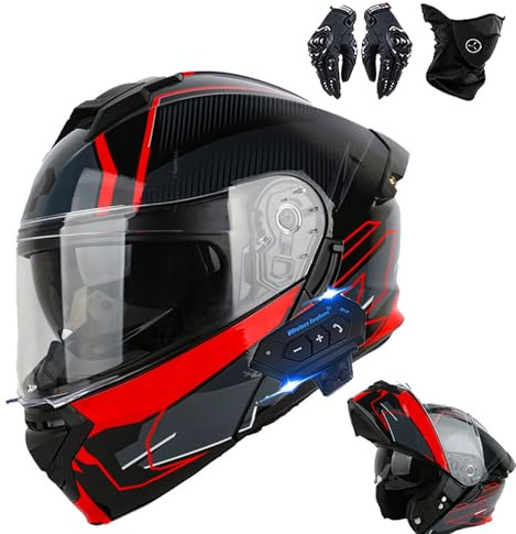 Frcychri Bluetooth Motorcycle Modular Helmet, Flip Up Helmet Motorcycle Helmet, ECE Approved Anti-Fog Dual Visor, Drop and Scratch Resistant, with Gloves Face Cover, for Adult Men Women D,Large