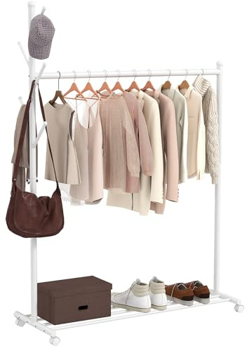 HOMCOM Burro Ropa con Ruedas, Perchero Burro Ropa con 5 Ganchos Barra para Colgar y Balda Inferior Perchero para Recibidor, Entrada, Dormitorio, 120x43x171 cm, Blanco
