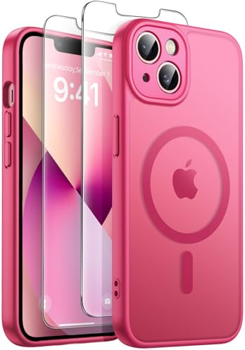 FLLAO Magnétique Coque pour iPhone 13 avec 2 Verres Trempés, Rose Rouge | Compatible avec Mag Safe, Coque Mat Translucide Fine Antichoc, PC Dur Housse Arrière Anti-Rayures + TPU Bumper Antichoc