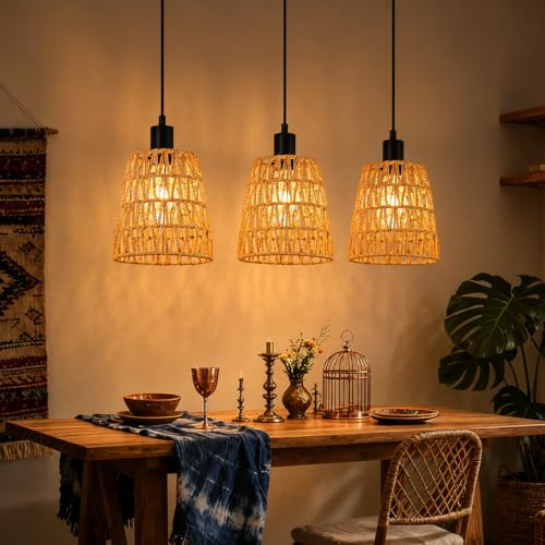 Deboola Hängelampe Boho Pendelleuchte Rattan - 3 Flammig Esstischlampe