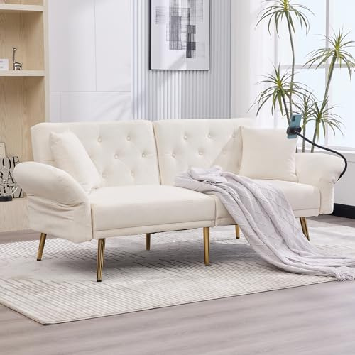 FammyLoft Sofa 2 Sitzer, Schlafsofa mit Verstellbarer Rückenlehne, Multifunktionales Sofa Bed mit Zwei USB-Anschlüsse, Modernes Klappsofa, Handyhalter, mit Seitentasche, Metallbeinen, Beige