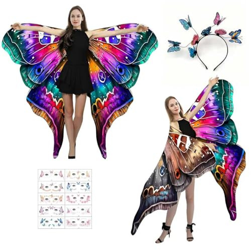 Schmetterling Kostüm Damen Doppelseitig Schmetterlingsflügel Erwachsene Faschingskostüme Damen Schmetterling Umhang Schmetterlingskostüm Erwachsene mit Haarreif für Cosplay Karneval Fasching