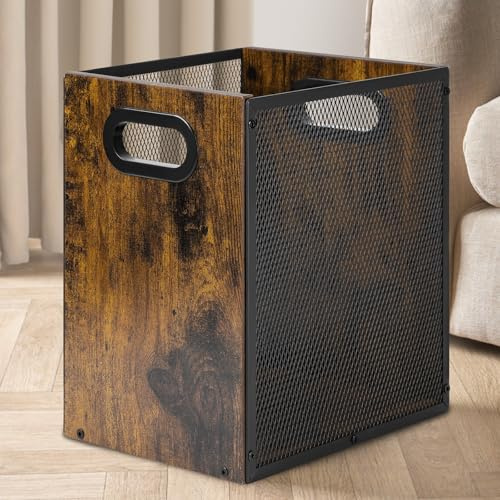 Papierkorb Mülleimer Büro, 17 L Abfalleimer mit Griffen, Retro Mülleimer Kombination aus Eisen und Holz, Papierkorb im Industriestil für Büro, Wohnzimmer, Schlafzimmer, Küche, 27,5 x 20,5 x 30 cm (1)