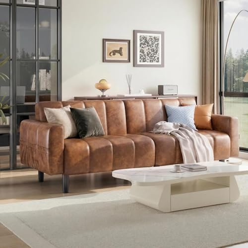 A ALFRESCOOL Ledersofa, Sofa 3 Sitzer, Sofa mit Schlaffunktion, Schlafsofa, Wandelbares Ledersofa mit Verstellbarer Rückenlehne, Stauraum, Holz & Stahlrahmen, 195×74×77cm (Braun)