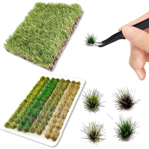 JNYUTEEN Mechones de Hierba, 121 Piezas Mechones de Césped con Pinza, Césped Estático y Plantas Miniatura para Diorama DIY Maqueta Ferroviaria Terreno de Ojos Escritorio