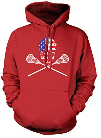USA Crossed Lacrosse Sticks & Helmet - Lax Bro Unisex Hoodie Sweatshirt (Red, Small)