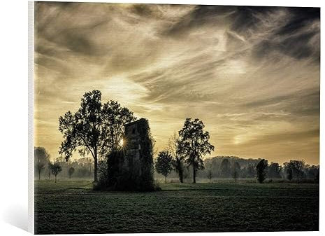 kunst für alle Leinwandbild: Denis Bondioli Altes verlassenes Haus bei Sonnenuntergang von Vegetation bedeckt - hochwertiger Druck, Leinwand auf Keilrahmen, Bild fertig zum Aufhängen, 60x40 cm