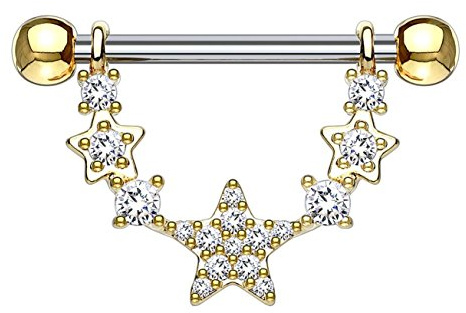 beyoutifulthings ZIRKONIA-Sterne Bogen Brustwarzen-Piercing Brust-Piercing Intim-Piercing Edelstahl Silber Roségold Gold Clear Stab 1,6mm 14mm