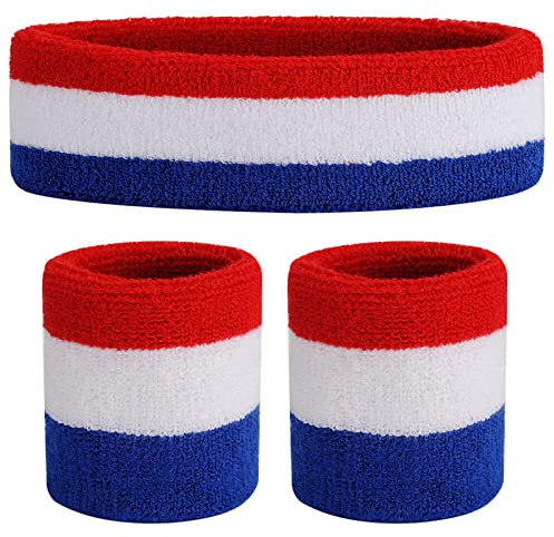 ONUPGO Barn svettband pannband armband set – atletisk bomull svettband för sport (1 pannband + 2 armband) (röd/vit/blå)
