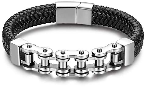 JewelryWe Schmuck Lederarmband Herren Edelstahl Fahrradkette Motorradkette Geflochten Leder Armband Freimaurer/Pharaos/Totenkopf/Motorrad Armreif Geschenk für Männer