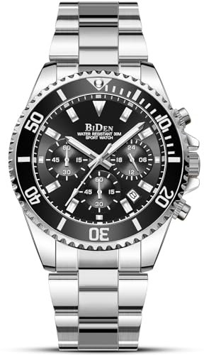 Orologio Uomo Orologio Militare Acciaio Cronografo Impermeabile Luminosi Design Orologi Quadrante Grande da Polso Elegante Sportivo Analogici Data Nero argento