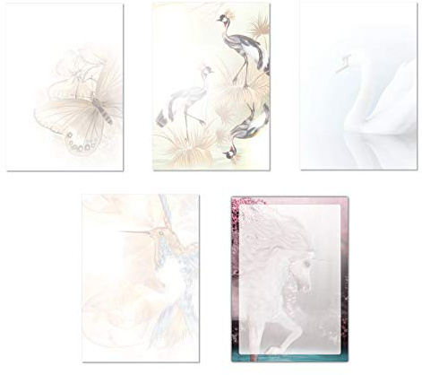 5 x 5 Blatt Motivpapier Briefpapier Mix DIN A4 Schmetterlinge Pfauen Schwan Eisvogel Einhorn (Tiere-5242)
