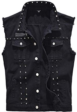 HONGBI Giacca da Uomo in Denim Senza Maniche,Retrò Strappato Gilet in Jeans,Denim Panciotto Cappotto Jeans Senza Maniche,Giubbotto Smanicato Rivetti Alla Moda Gilet da Cowboy Nero M