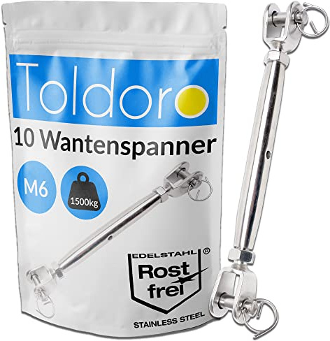 Toldoro® 10x M6 Wantenspanner Edelstahl rostfrei V4A / Sonnensegel Spanner, Spannschloss, Seilspanner, Drahtspanner Gabel als Sonnensegel Zubehör/geschlossene Form