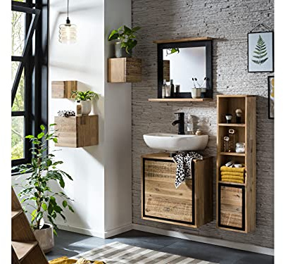 Woodkings Badmöbel Set Jolo I 6-teiliges Badset für Ihr Badezimmer I Waschbeckenunterschrank mit Spiegel, Hängeregal und 3er-Set Würfelregal Badschrank klein und schmal