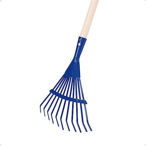 Rekord Laubbesen für Kinder (Metall, Blau) mit 11 Zinken und 76 cm Stiel aus Naturholz, Arbeitsbreite 18,5 cm, Gesamtlänge 97 cm, Rasenbesen, Fächerbesen