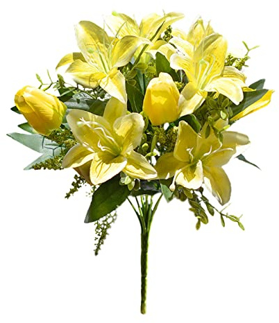 RESOYE Gelbe künstliche Tulpen, Lilien, Friedhofsblumen, 2 Stück, 39,1 cm, Seide, Tulpen, Grab, Dekorationen, Mischung, Tulpen, Lilien, Blumenstrauß für Draußen, Grab