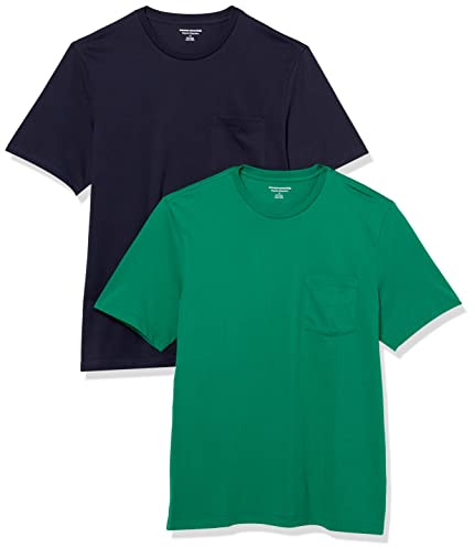 Amazon Essentials Camiseta con Bolsillo de Cuello a la Caja y Manga Corta Hombre, Pack de 2, Azul Marino/Verde, XL