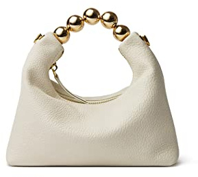 DORIS&JACKY Kleine Clutch mit Tragegriff oben für Damen, Designer-Geldbörse aus Ziegenleder, mit Perlengriff und abnehmbarer Metallkette, Weiss/opulenter Garten