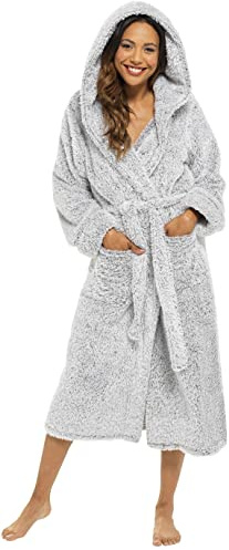 KATE MORGAN Ladies Dressing Gown Fluffy Super Soft Hooded Bathrobe for Women Plush Fleece Perfect Loungewear Long Robe | Gifts for Women M Grey