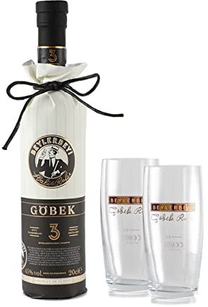 Beylerbeyi - Lot de 1 Bouteille de Göbek Raki de 70cl + 2 Verres à Raki | Eau de Vie Turque Aromatisée à l'Anis - 100% Raisins Frais - Sans Sucres Ajoutés