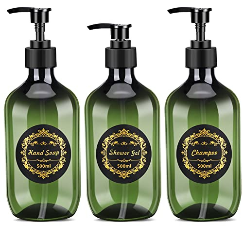 Botella de Bomba Recargable, 500 ML Dispensadores de Baño con Etiqueta de Shower Gel, CHAMPOO, Hand Soap, Botellas Vacías de Plástico de Baño para Viajes, Hotel - 3 PCS
