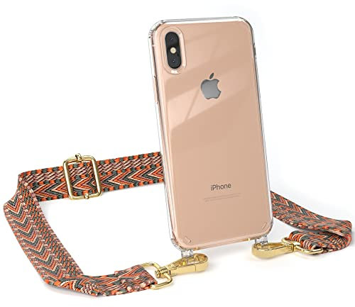 EAZY CASE Handykette - Verstellbares Taschenband kompatibel mit iPhone X/XS, Schulterriemen, Handykordel mit Silikon Hülle, Umhängetasche, Orange Grün Gold