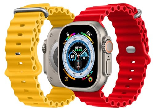 NUKELOLO 2 Stück Ocean Armband Kompatibel mit Apple Watch Ultra 3 2 1 49mm 46mm 45mm 44mm 42mm 41mm 40mm 38mm, Soft Silikon Sport Armband für iWatch Series 11 10 9 8 7 6 5 4 3 2 1 SE, Gelb/Rot
