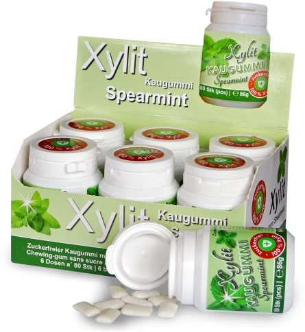 Xylit Kaugummi - Tschüß Karies: 480 zuckerfreie Zahnpflegekaugummi - 100% Xylit, ohne Aspartam, vegan - angenehmer Atem & frischer Mund - Spearmint-Geschmack (6 Dosen)