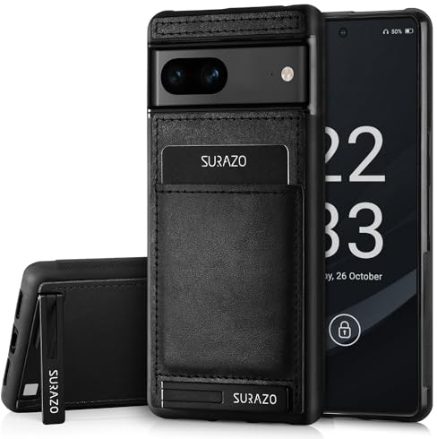 SURAZO äkta läder bakfodral för Google Pixel 8 fodral – stötsäkert läder mobiltelefonfodral med [kortfack, stativfunktion, nyckelring] vintage smal stötfångare skyddsfodral (Costa svart)