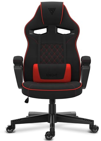 SENSE7 Gaming Stuhl Knight, ergonomischer Gaming Sessel mit verstellbaren Lendenkissen, Gaming Chair mit Wippfunktion, Gepolsterte Armlehnen, Stoff Bürostuhl bis 120kg, PC Stuhl Schwarz-Rot