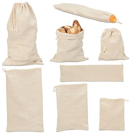 Relaxdays 8 Piezas. Juego 8 Bolsas para Pan, Panera Tela, Algodón, 4 Tamaños, Conservar Baguettes, Panecillos, Fruta, Verdura, Beige, 73 x 20 cm