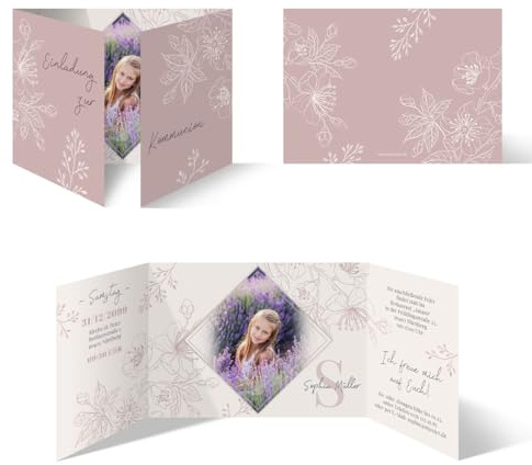 Personalisierte Foto Kommunion Einladungskarten ab 10-100 Stück individuell selbst gestalten, DIN A6 Altarfalz-Klappkarte Kirschblüten, dickes Kartonpapier, optional mit Briefumschlägen