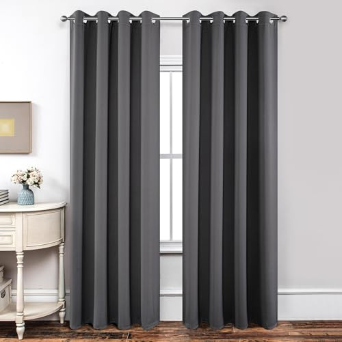 Joydeco Blackout Curtains for Bedroom 46 x 90 Inch, Eyelet Thermal Insulated Energy-saving Drapes for Room Darkening Light Filtering, Long Window Treatments 90 Inch Drop, 2 Panels - Dark Grey