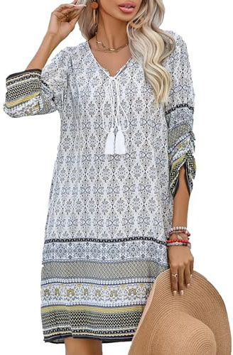 Zeagoo Women 2026 Summer Bohemian Dress Floral 3/4 Sleeve Ladies Casual Swing Midi Dress White L