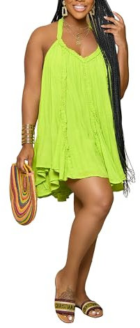 Vestido sexy de verano para mujer, cuello halter, talla grande, largo, casual, floral, playa, con bolsillos, Verde lima, M