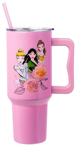 Silver Buffalo Disney Princess Featuring Cinderella, Mulan, Belle, Ariel, Tiana, and Jasmine Double Walled Stainless Steel Tumbler with Handle and Straw, Fits in Standard Cup Holder, 40 Ounces