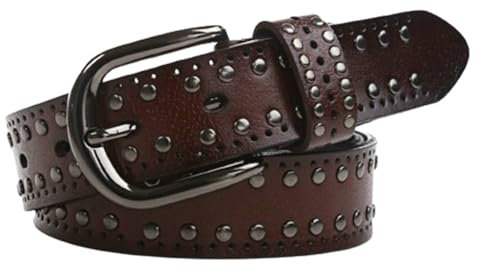 AGUTALITHIC Hohl ösen Nietengürtel Damen Und Herren Runde Nieten Gürtel Mit Punk Style Cosplay Hip Hop Ledergürtel Rock Guertel Für Oder Gothic-Outfits(100cm/39, Coffee)