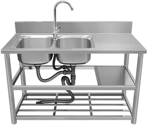 Fregadero De Cocina Comercial Independiente, 2 Cuencos, Lavabo De Acero Inoxidable, Restaurante Cocina Fregader Conjunto con Grifo Y Unidad De Drenaje, 120 × 50 × 80 cm